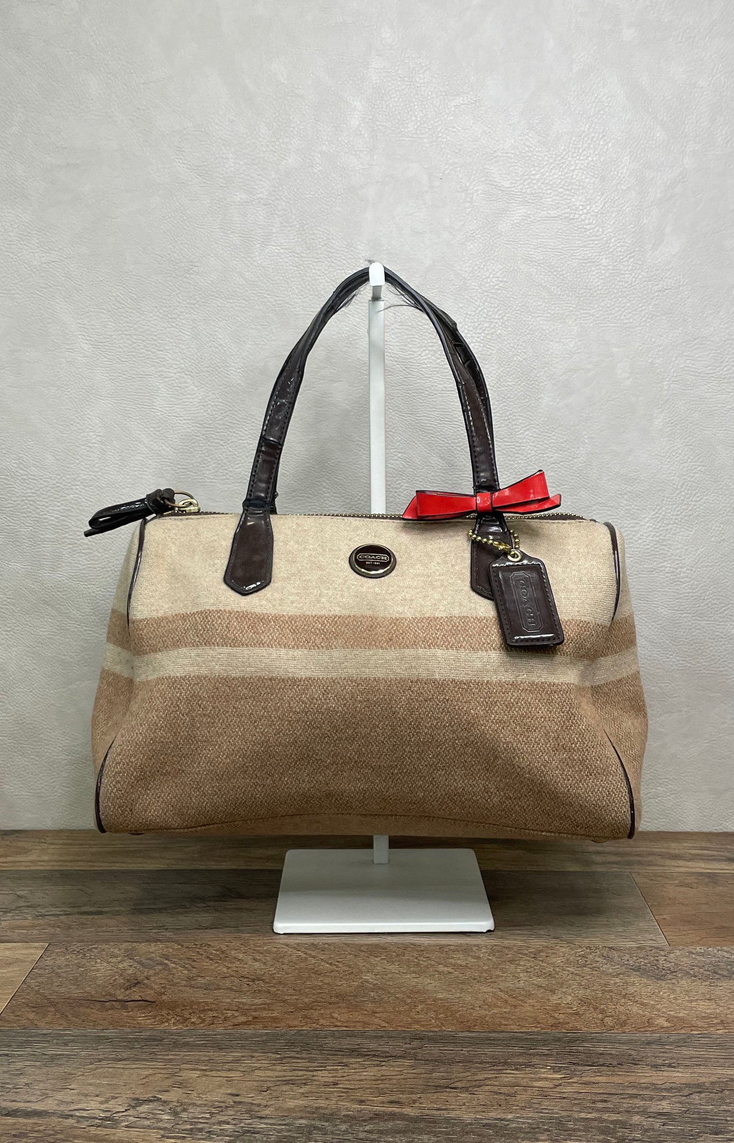 Coach Taylor Stripe Tan Canvas Satchel Handbag Brown Patent Trim Red Bow
