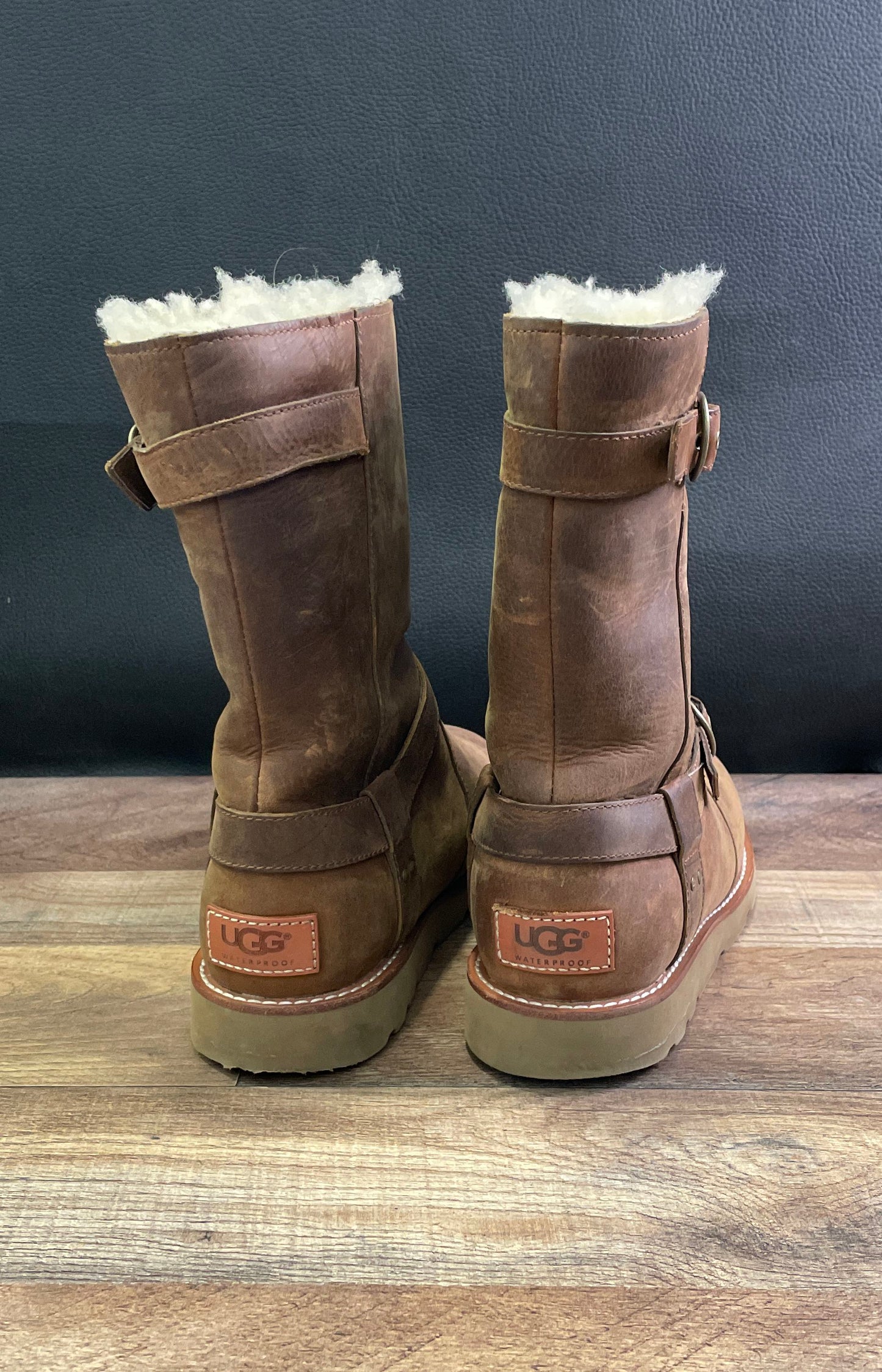UGG Roslynn Stout Brown Leather Waterproof Mid Calf Buckle Boots Women's Size 5