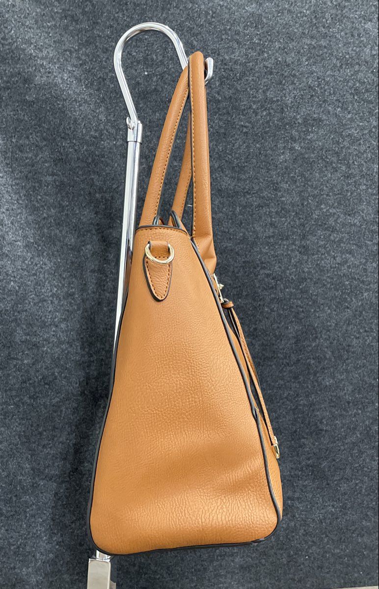 Brown Leather Satchel Tote Handbag Gold Hardware Removable Crossbody Strap