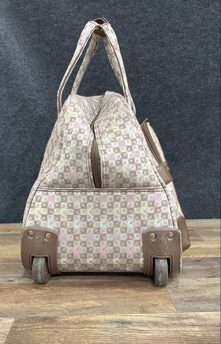 Vintage Liz Claiborne Checkered Rolling Travel Duffle Bag Brown Beige 24"