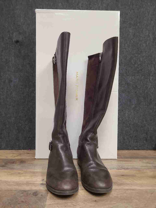 Marc Fisher Damsel Dark Brown Leather Knee High Riding Boots Women's Size 8W