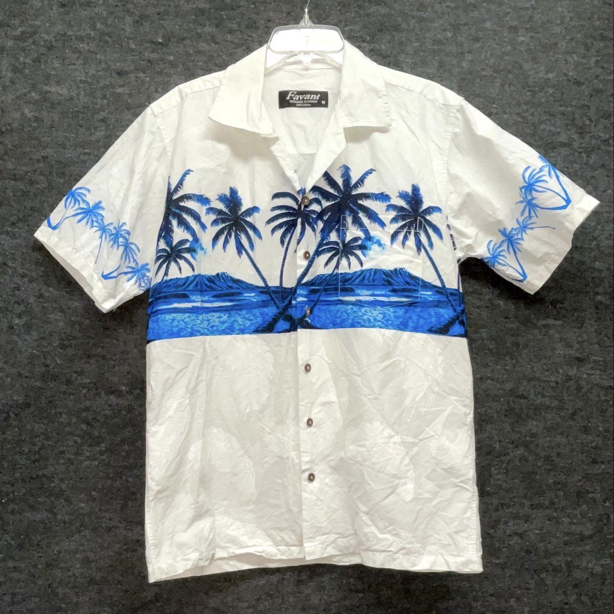 Favant Men's White Blue Tropical Palm Tree Island Cotton Aloha Shirt Sz M