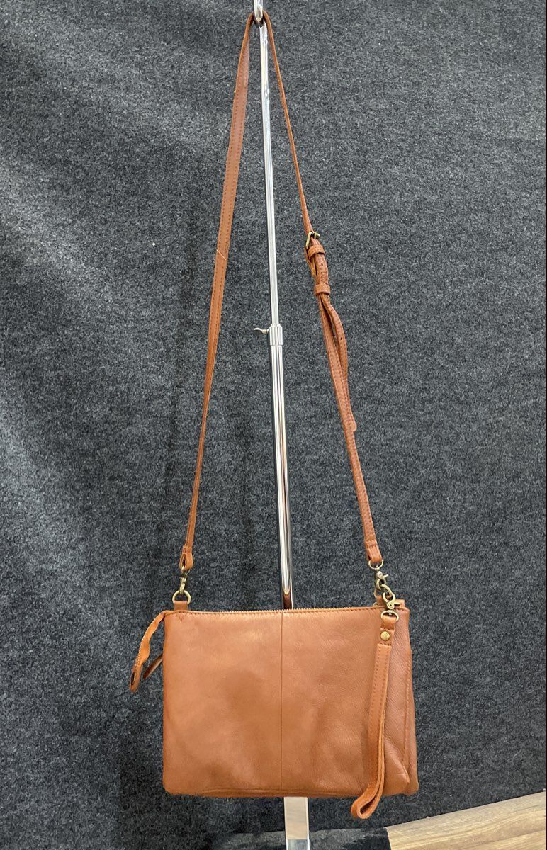 Oak & Tan Brown Leather Triple Gusset Crossbody Bag Wristlet Purse Small