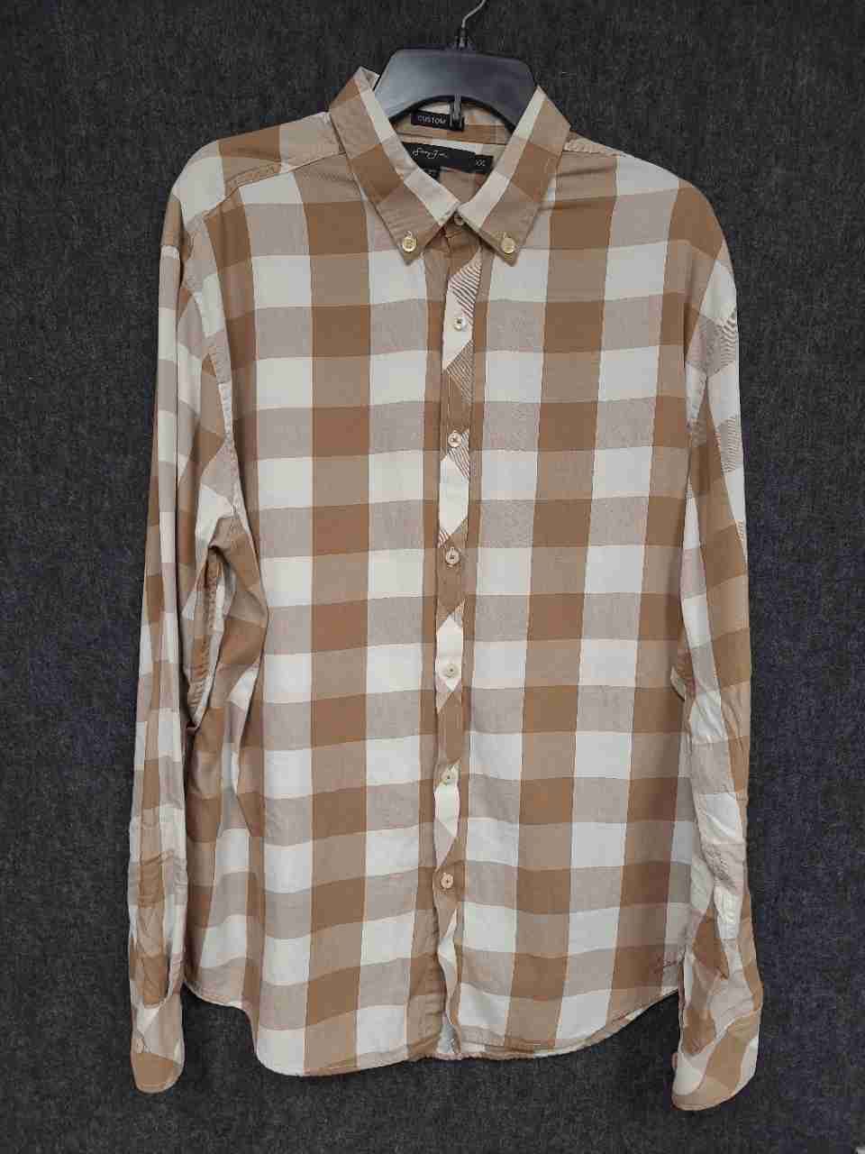 Sean John Men's Custom Fit Tan White Gingham Check Button Down Shirt Sz XXL