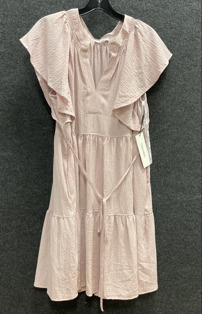 Calvin Klein Women's Pink Textured Tiered Ruffle V-Neck Midi Dress Sz 16 NWT