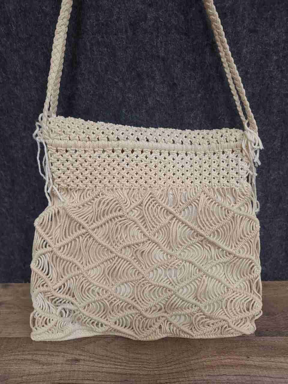 Vintage Cream Macrame Boho Shoulder Bag Fringe Knotted Cotton 70s Style