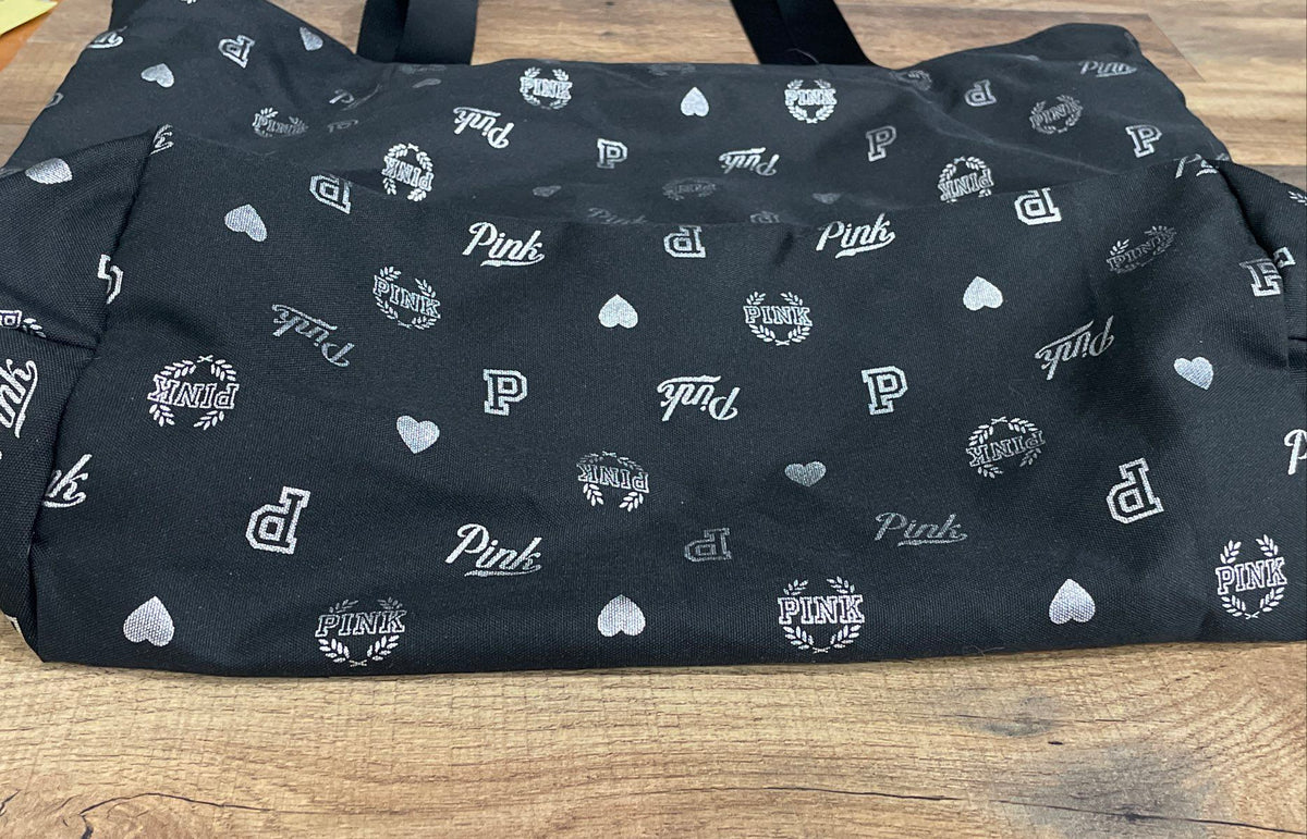 Victoria's Secret PINK Black Silver Logo Heart Print Fabric Tote Bag Large
