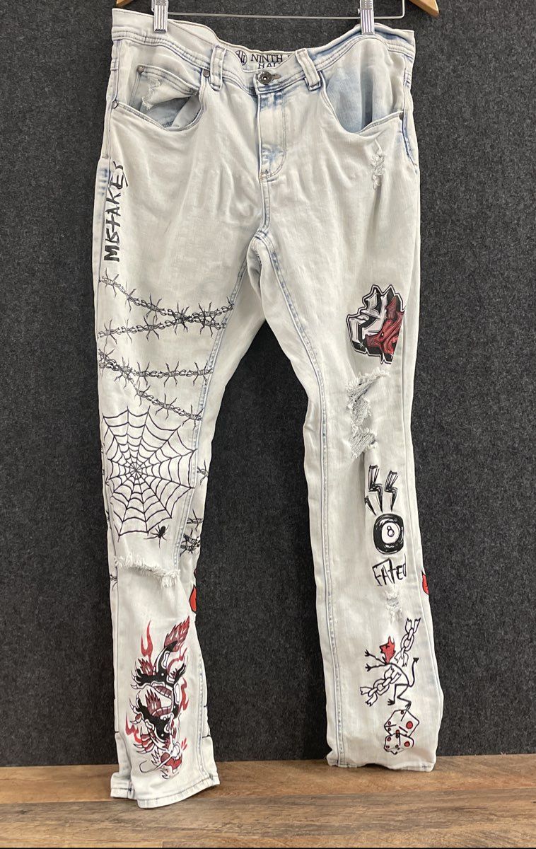 Ninth Hall Men's Ninth Rogue Light Blue Graphic Distressed Denim Jeans Sz 33