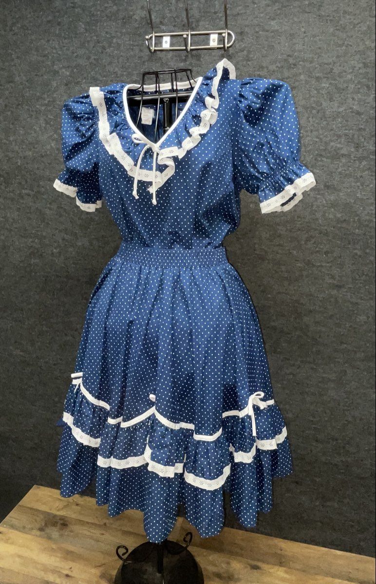 Vintage 80s Blue Polka Dot Square Dance Skirt Blouse Set Eyelet Size M