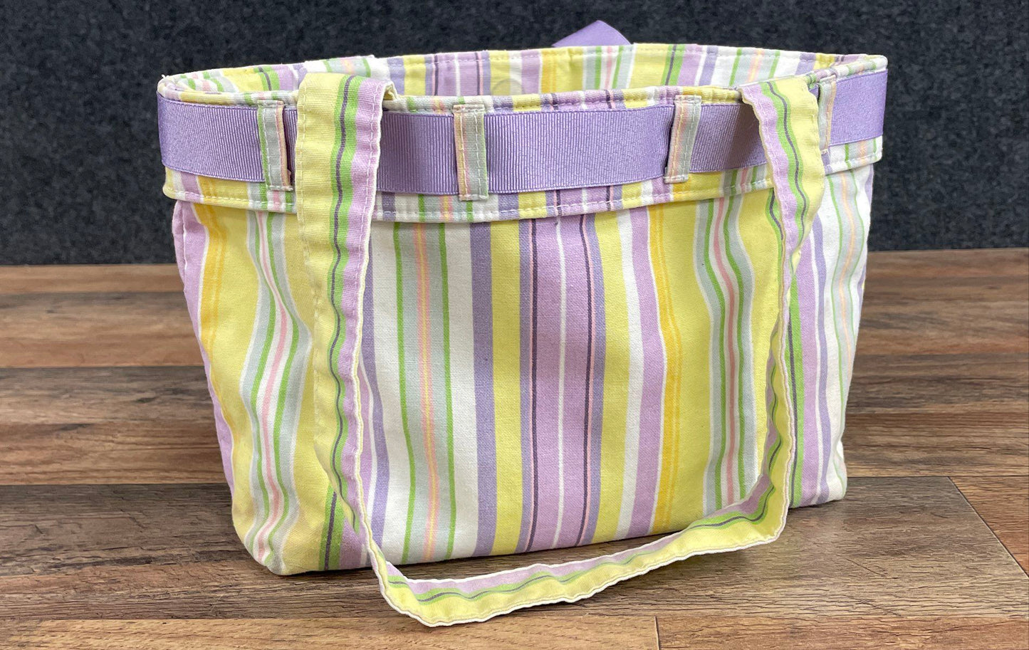Longaberger Purple Yellow Striped Canvas Fabric Tote Bag Small Ribbon Bow
