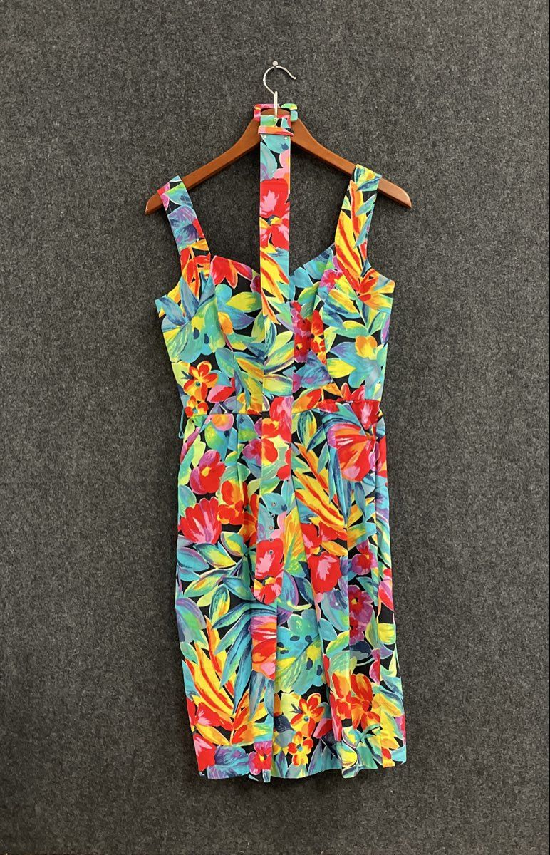 Vintage 90s Eklektic Petites Women's Floral Tropical Cotton Belted Dress Sz 8