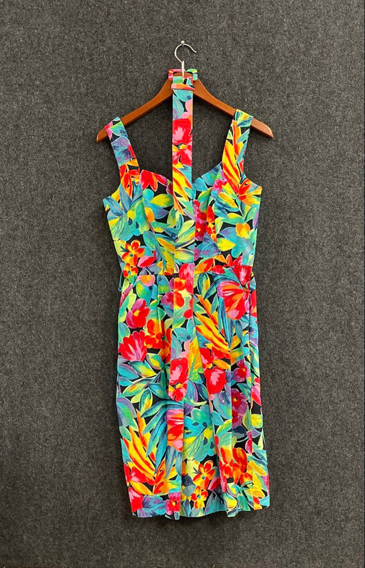 Vintage 90s Eklektic Petites Women's Floral Tropical Cotton Belted Dress Sz 8
