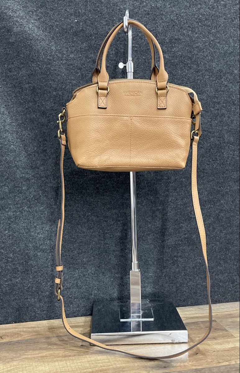 American Leather Co Tan Pebbled Leather Dome Satchel Crossbody Bag Brass