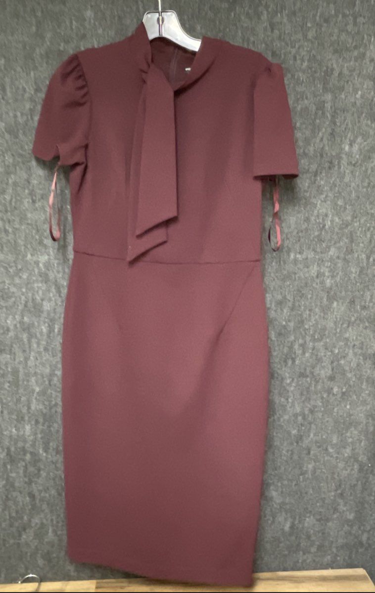 Maggy London Women's Burgundy Pussy Bow Necktie Puff Sleeve Crepe Sheath Dress 6