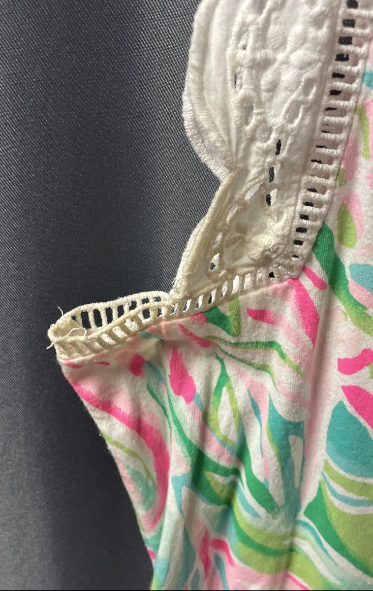 Lilly Pulitzer Women's Corinne Tank Top Pink Green Floral Eyelet Lace Scallop M