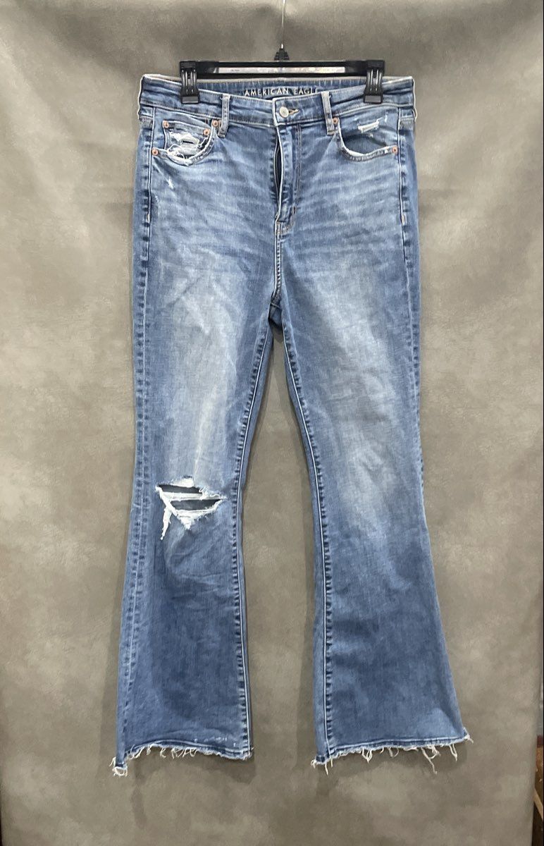 American Eagle Women's High-Rise Flare Jeans Blue Distressed Raw Hem Size 10