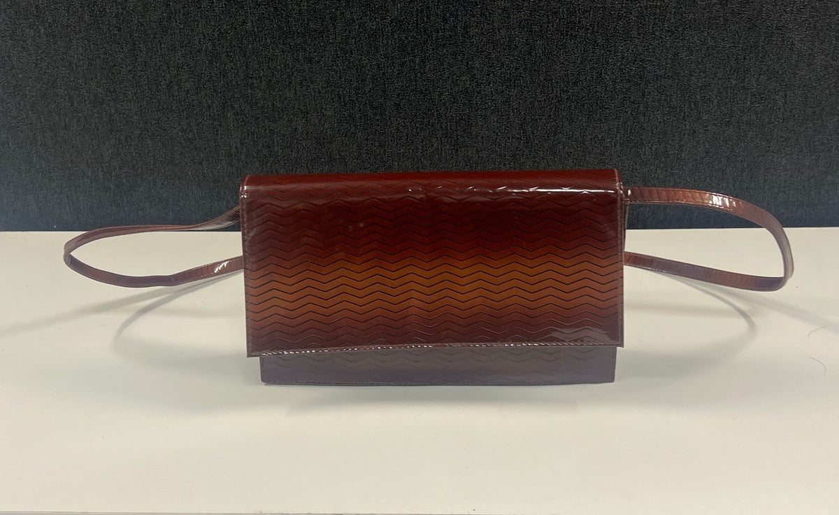 Vintage Brown Ombre Zigzag Embossed Patent Shoulder Bag Rectangular Purse