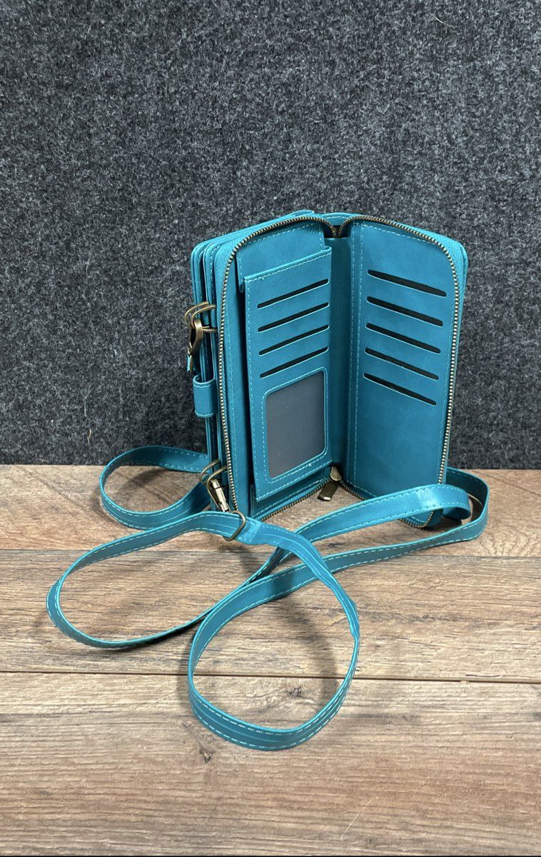 Megshi Crossbody Wallet Phone Case Teal Blue Vegan Leather Travel Organizer