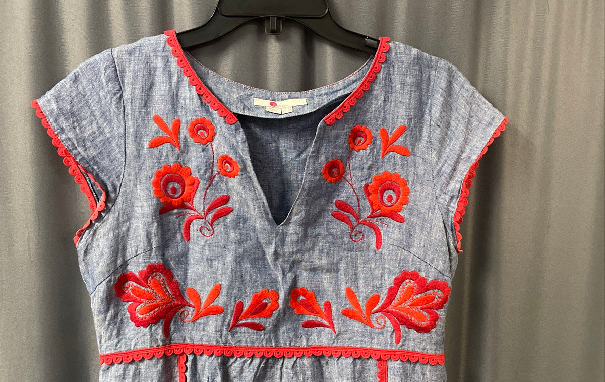 Boden Women's Blue Red Floral Embroidered Scallop Trim Linen Dress Sz 2R