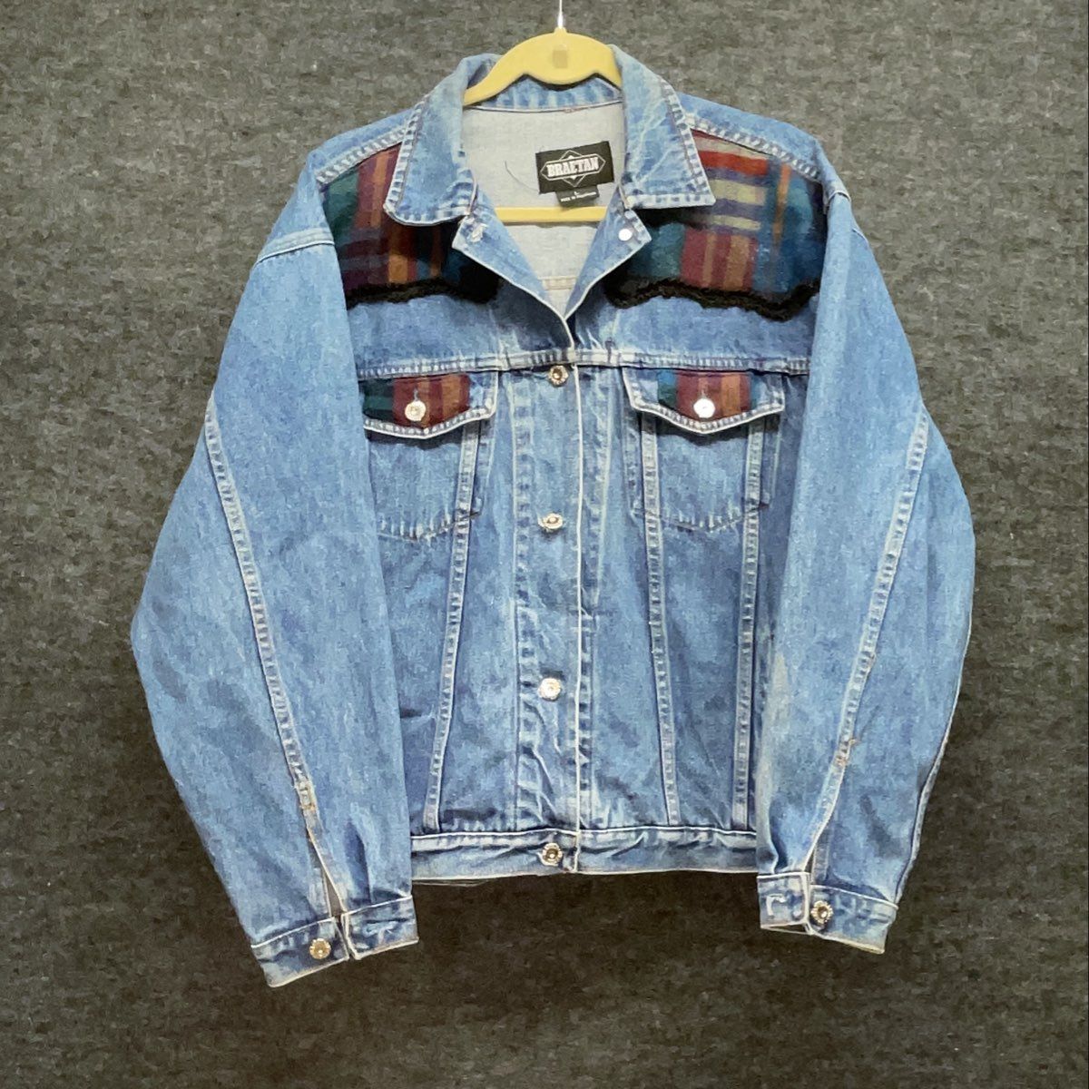 Vintage 90s Braetan Women's Denim Jacket Blue Plaid Wool Trim Western Sz L