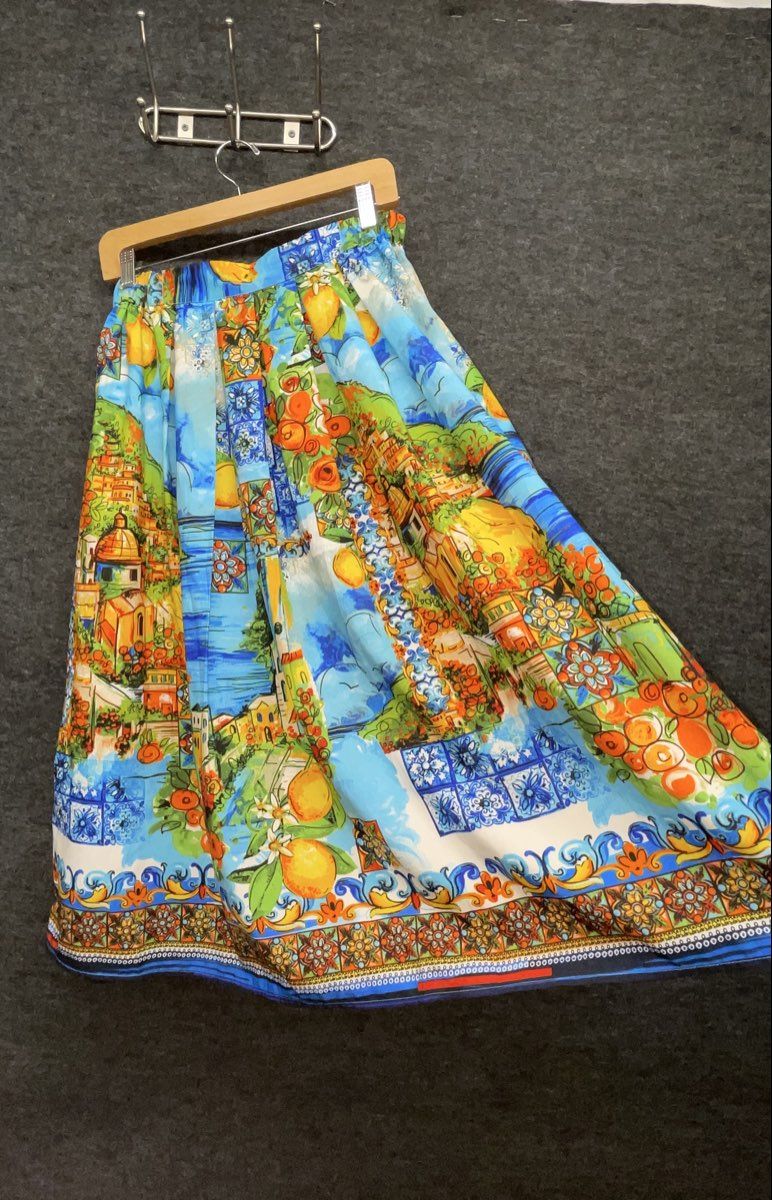 Women's Blue Majolica Mediterranean Lemon Print Pleated Midi Skirt Tie Waist