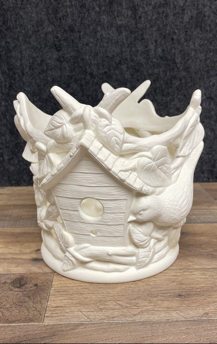 Vintage Bisque Ceramic Votive Candle Holder Birdhouse Birds Branches Openwork