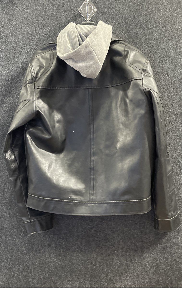 Guess Women's Black Leather Jacket Zip-Out Hooded Bib Quilted Lining Sz M
