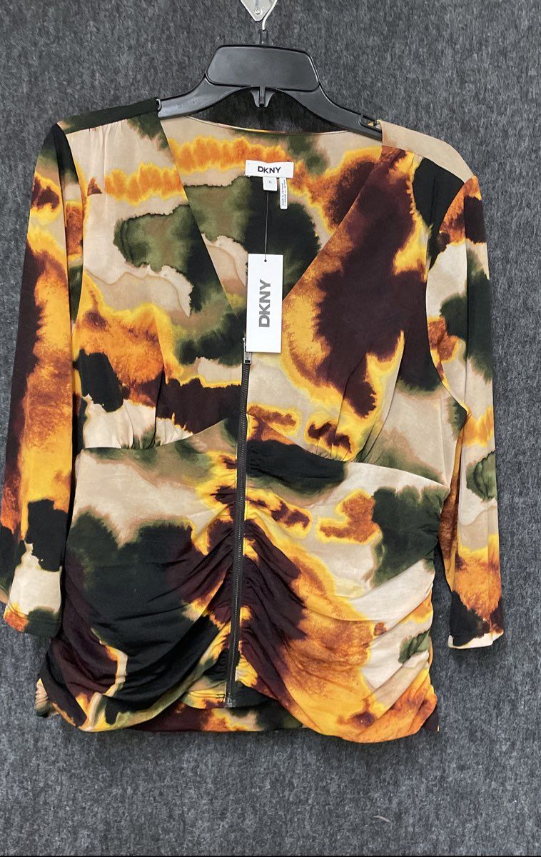 DKNY Women's Multicolor Abstract Zipper Ruched Pleated Voile Top Sz XL NWT