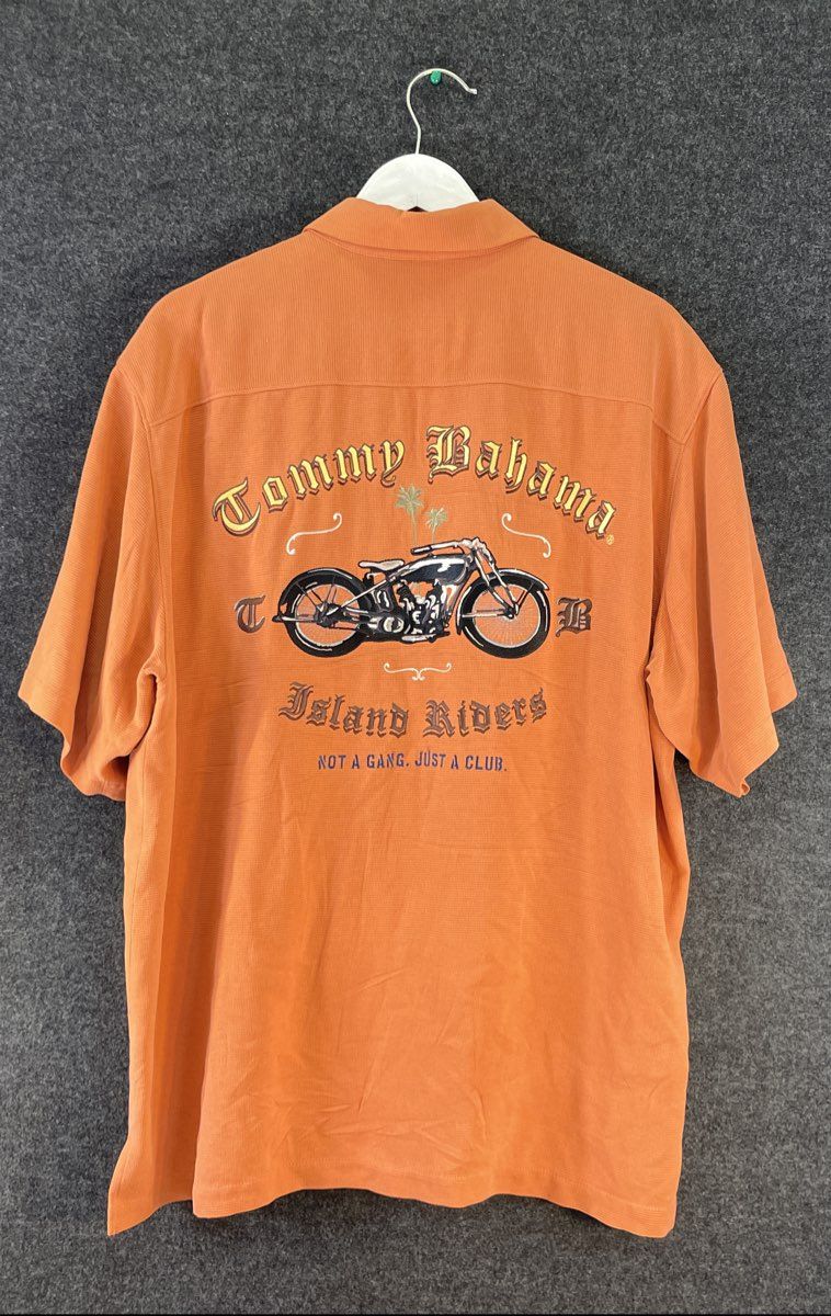 Vintage 90s Tommy Bahama Men's Orange Silk Island Riders Shirt Sz L