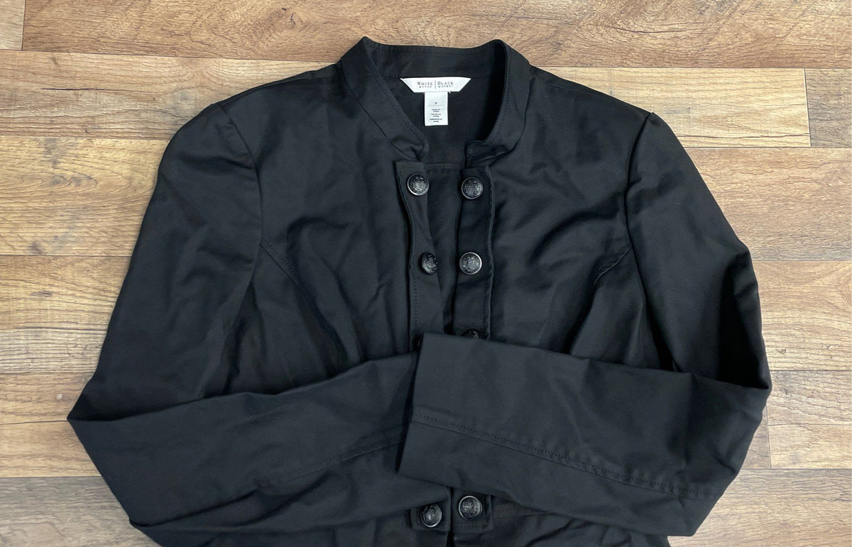 White House Black Market Women's Black Military Style Crest Button Jacket Size 8