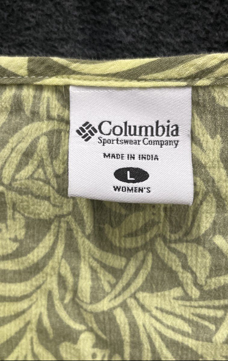 Columbia Women's Tunic Top Green Botanical Leaf Print 3/4 Tie Sleeve Sz L AL7164
