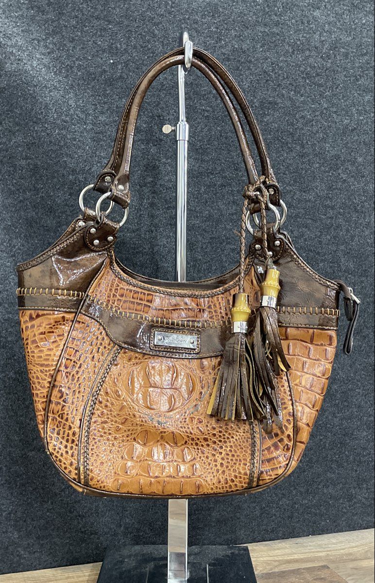 Madi Claire Brown Croc Embossed Leather Shoulder Bag Tassel Silver Hardware
