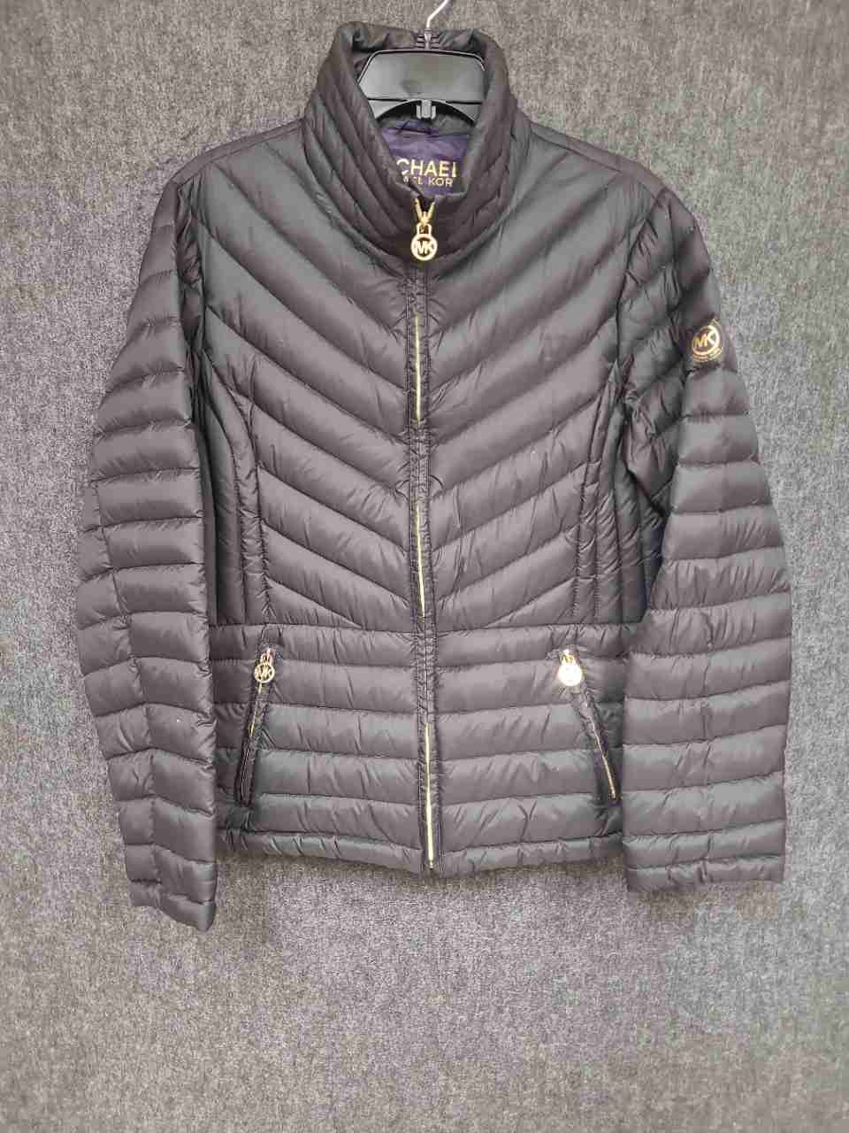 Michael Kors Women's Black Packable Down Puffer Jacket Gold Hardware Logo Sz L
