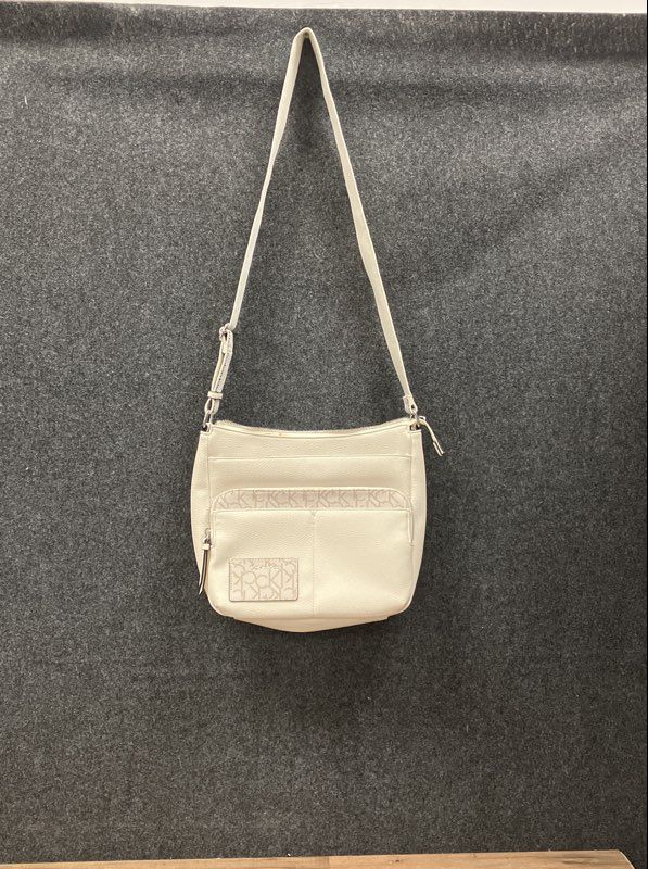 Calvin Klein Off-White Pebbled Crossbody Bag Logo Strap Monogram Trim Large