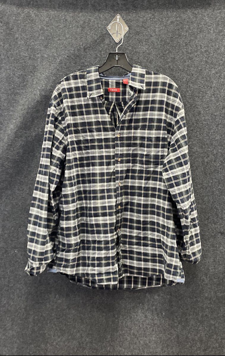 Izod Men's Long Sleeve Button Down Shirt Navy Blue Plaid Check Sz L