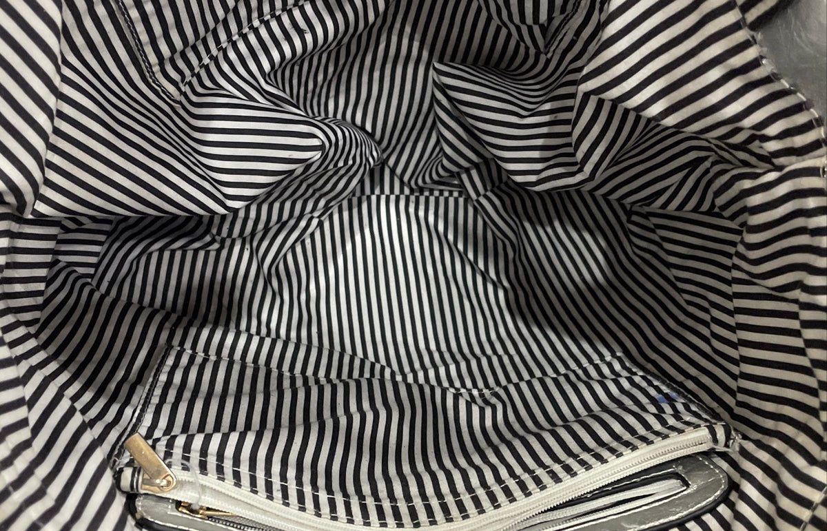 Grey White Abstract Print Fabric Tote Bag Large Metallic Silver Trim