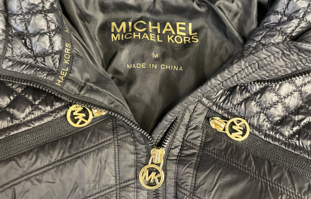 Michael Kors Women's Black Quilted Hooded Jacket Gold Hardware Mixed Media M