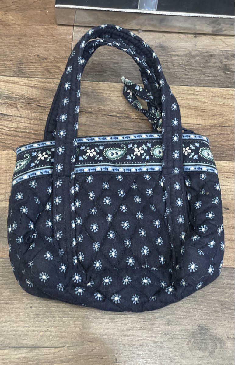 Vera Bradley Navy Blue Floral Paisley Quilted Cotton Top Handle Mini Tote Bag