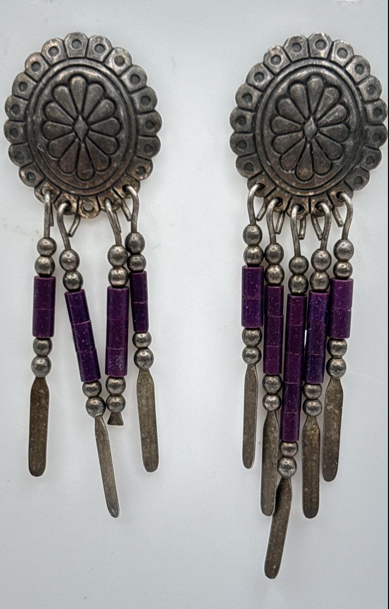 Quoc Turquoise 925 Sterling Silver Concho Fringe Dangle Earrings 3.9g *Damaged*