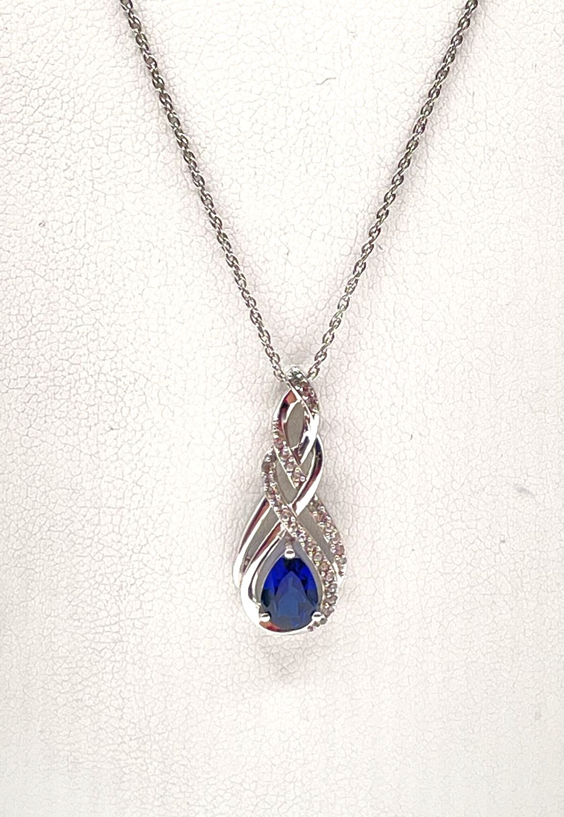 925 Sterling Silver Blue & White Sapphire Infinity Pendant Necklace 2.7g