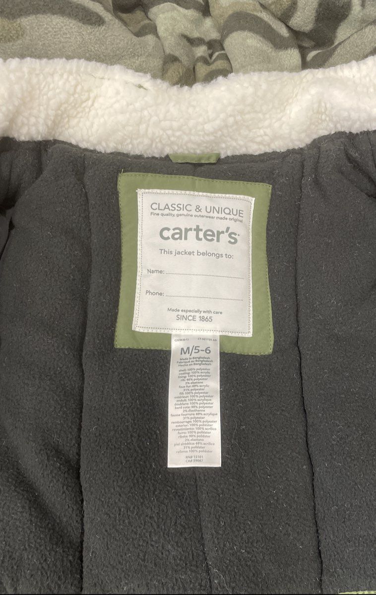 Carter's Boys Faux Fur Hooded Parka Winter Coat Green Camo Lining NWT Sz 5-6