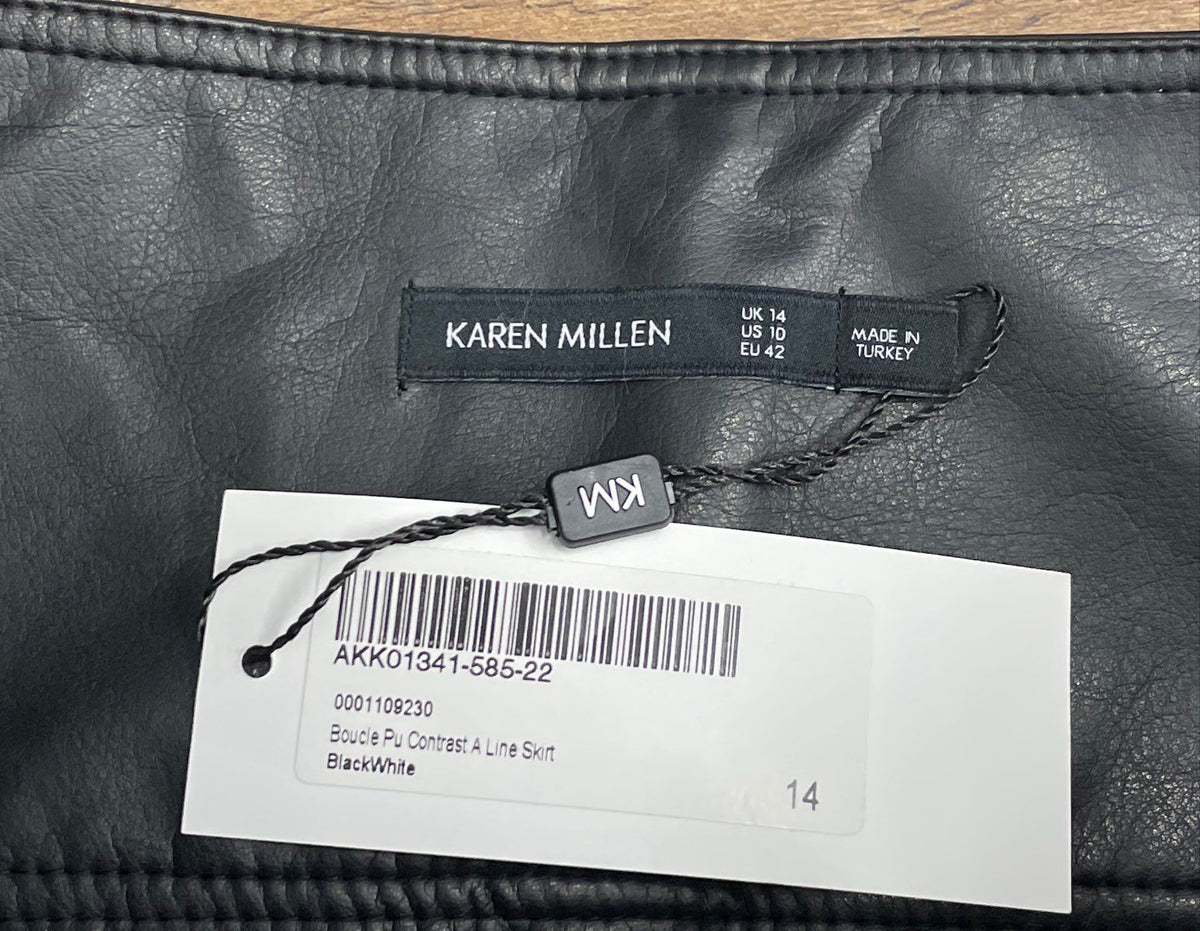 Karen Millen Black White Textured Boucle Faux Leather A-Line Skirt Sz 10 NWT