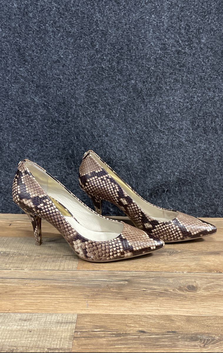 Michael Kors Flex Mid Pumps Snakeskin Embossed Leather Brown Size 7.5