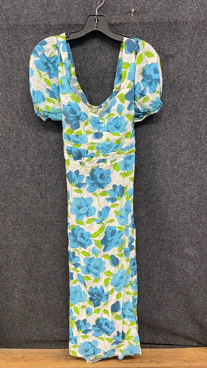 Miss Selfridge Women's Blue Green Floral Rose Maxi Dress Tie Back Cut Out Sz 6