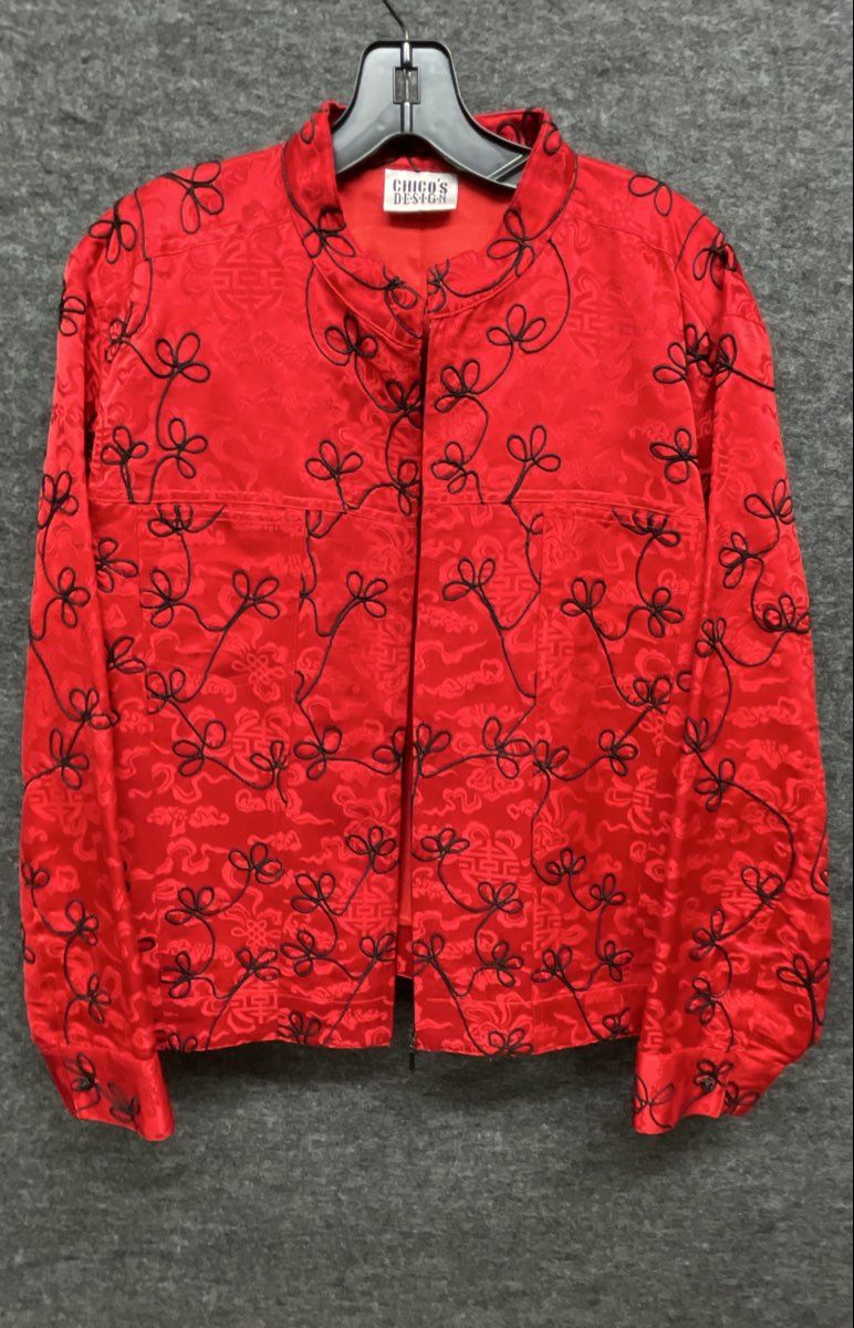 Vintage Y2K Chico's Design Women's Red Silk Embroidered Mandarin Jacket Sz 3