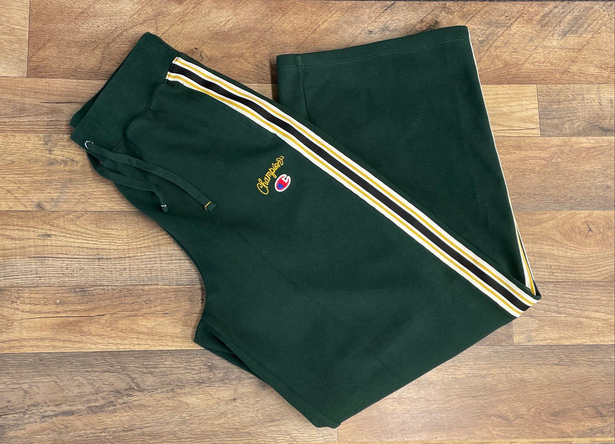 Champion Women's Green Wide Leg Side Stripe Sweatpants Embroidered Logo Sz S