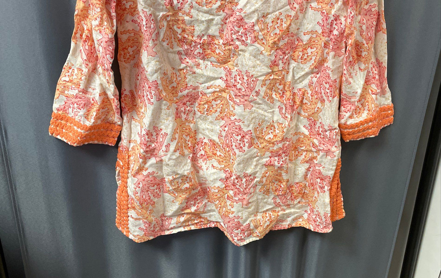 J. Jill Women's Coral V-Neck Top Sea Coral Print Linen Cotton Crochet Trim XS