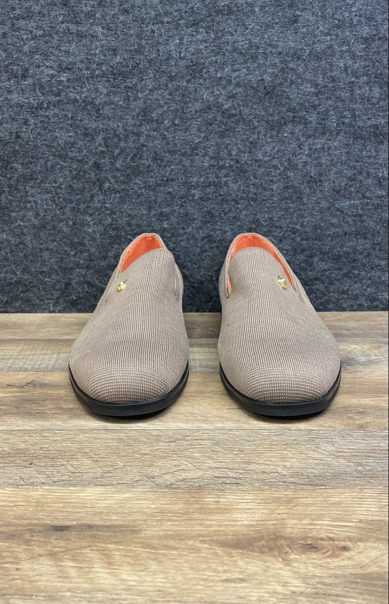 Foevtrue Taupe Woven Textile Slip-On Loafers Gold Jaguar Head Size 48