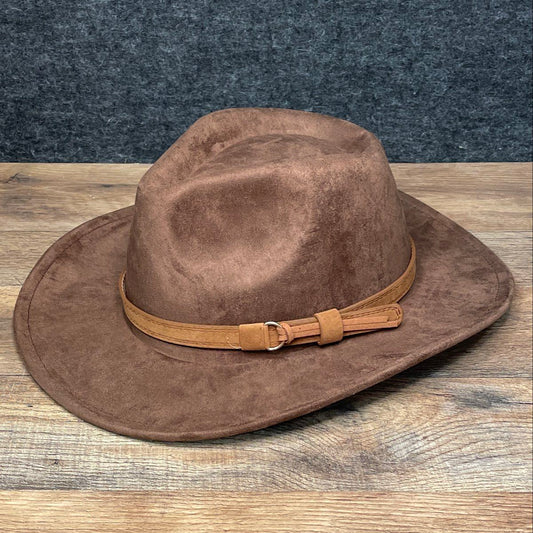 Unisex Brown Faux Suede Wide Brim Fedora Outback Hat Teardrop Crown One Size