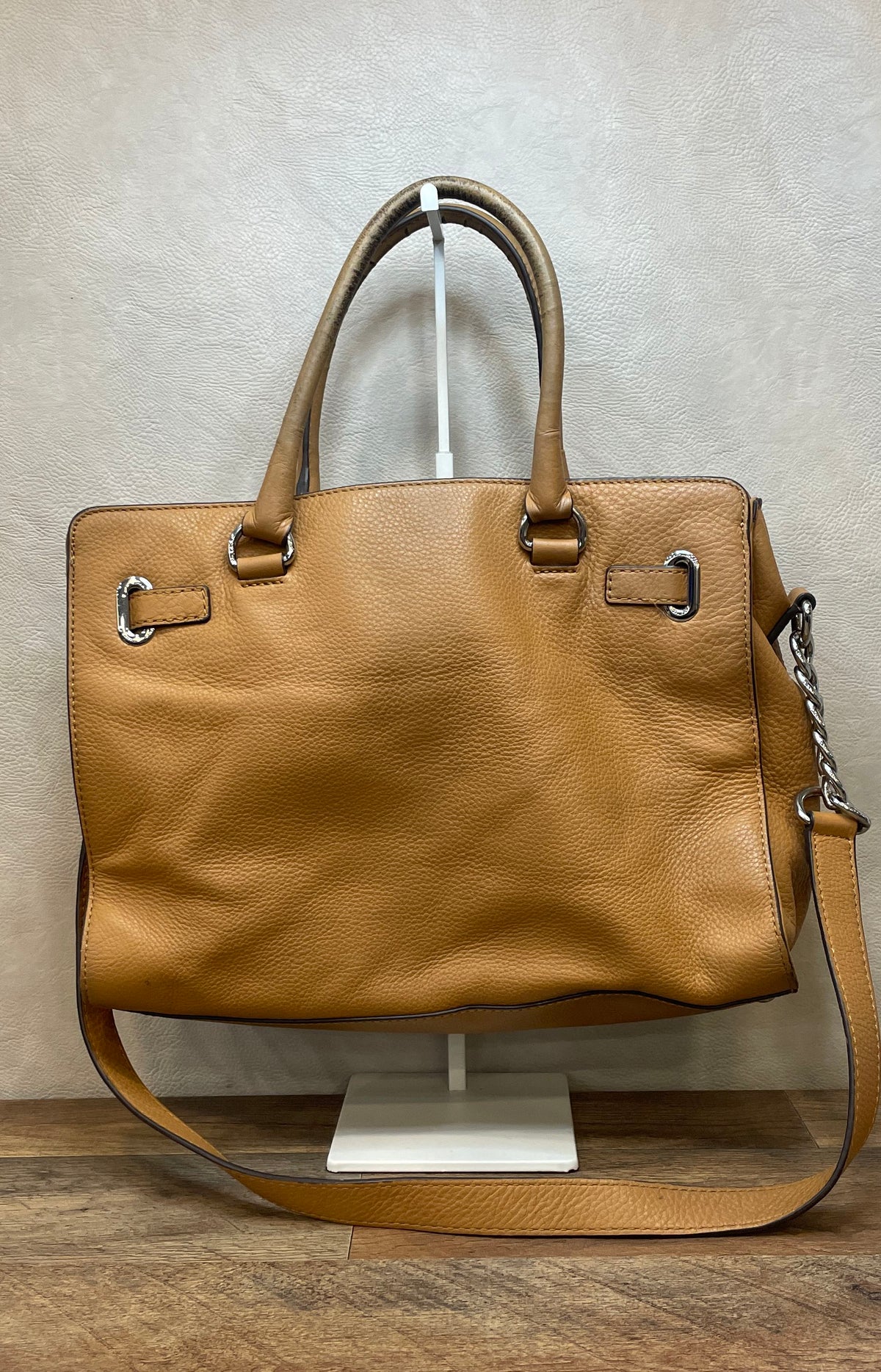 Michael Kors Tan Pebbled Leather Belted Satchel Tote Bag Silver Hardware